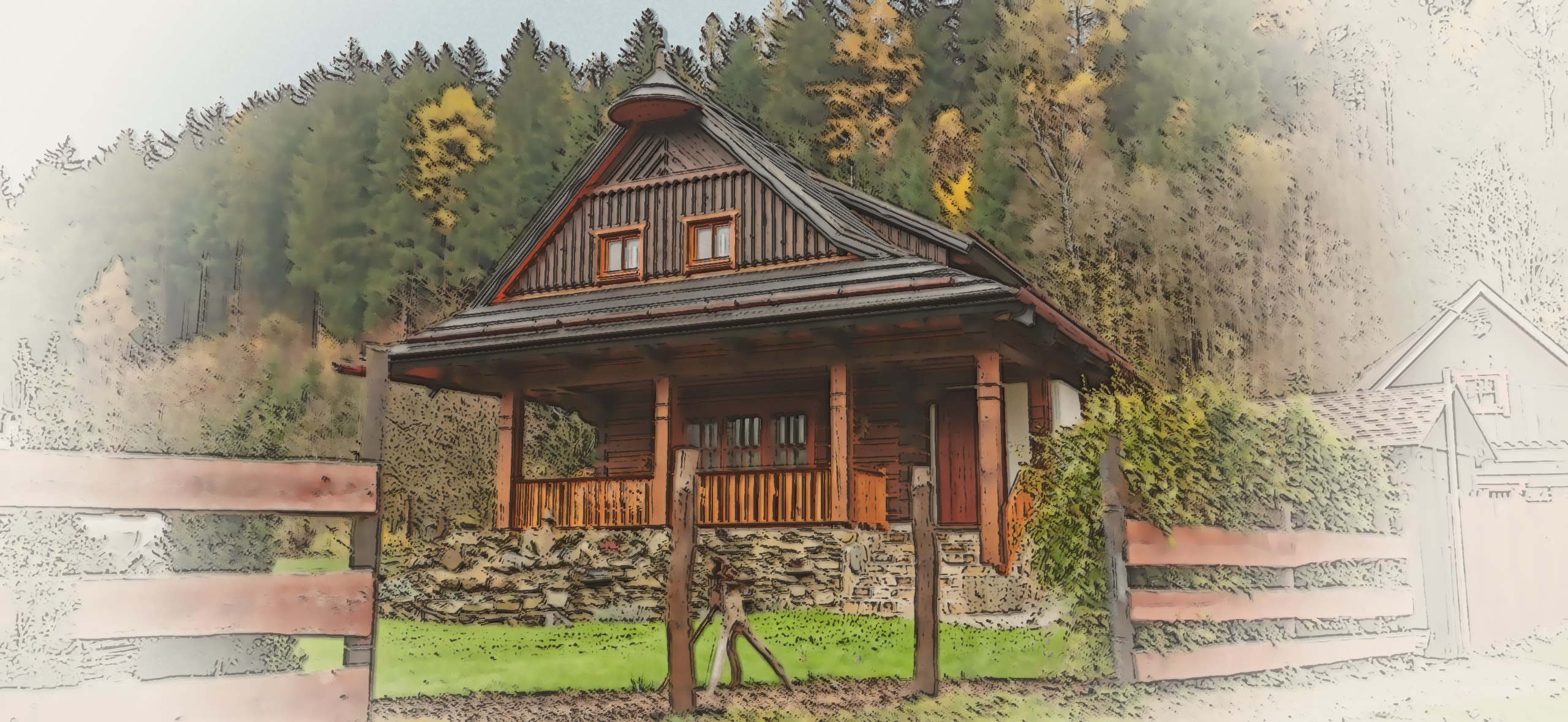Chalupa u Balatonu – kolorovaná kresba